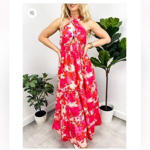 Anna-kaci Cross Neck Halter Printed Dress